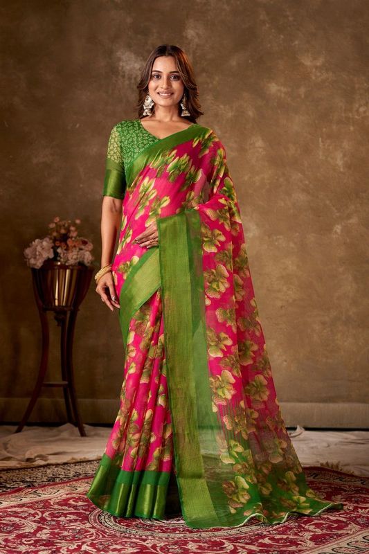 Pink Cotton Printed Saree and Stitched Green Blouse