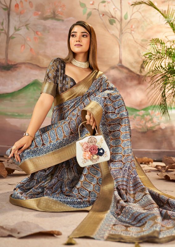 Dull Brown Wevon Border Designer With Printed Dolla Silk Saree