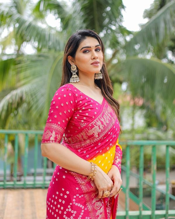 Yellow Wevon Designer & Bhandej Printed Dola Silk Saree