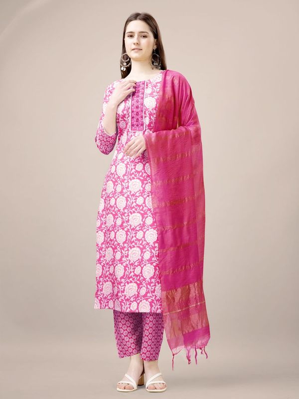 Pink Color Rayon Fabric Designer Printed Readymade Suits With Smart Embroidery Work