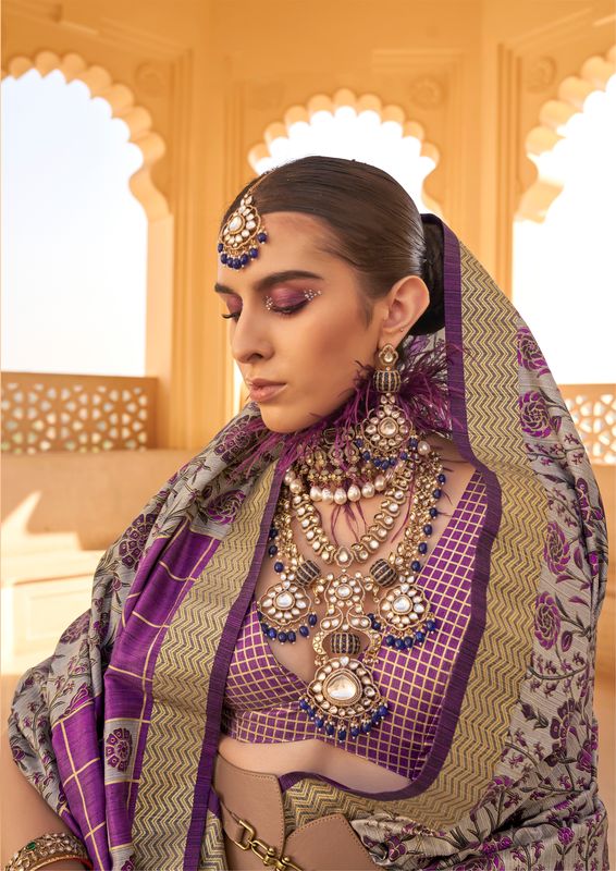 Purple Wevon Border Designer & Printed P V Silk Saree