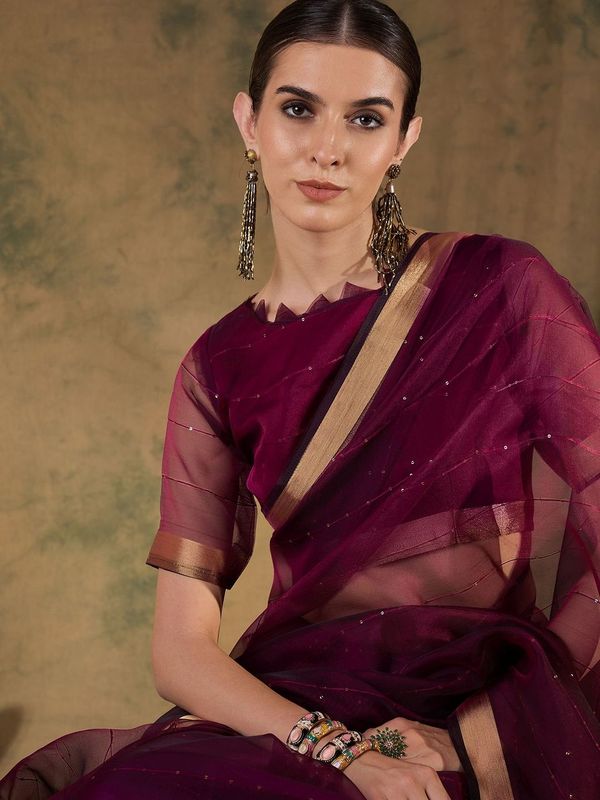 Wine Wevon Jari Pallu Border Designer & Sequance Lining Work Organza Silk Saree