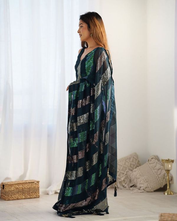 Teal Blue Designer Sequance Embroidery Work Georgette Saree