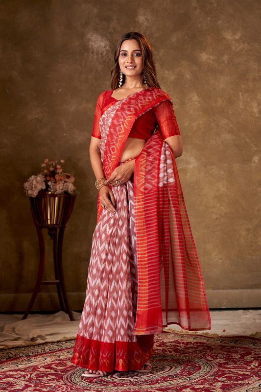 Red Cotton Printed Saree and Stitched Red Blouse
