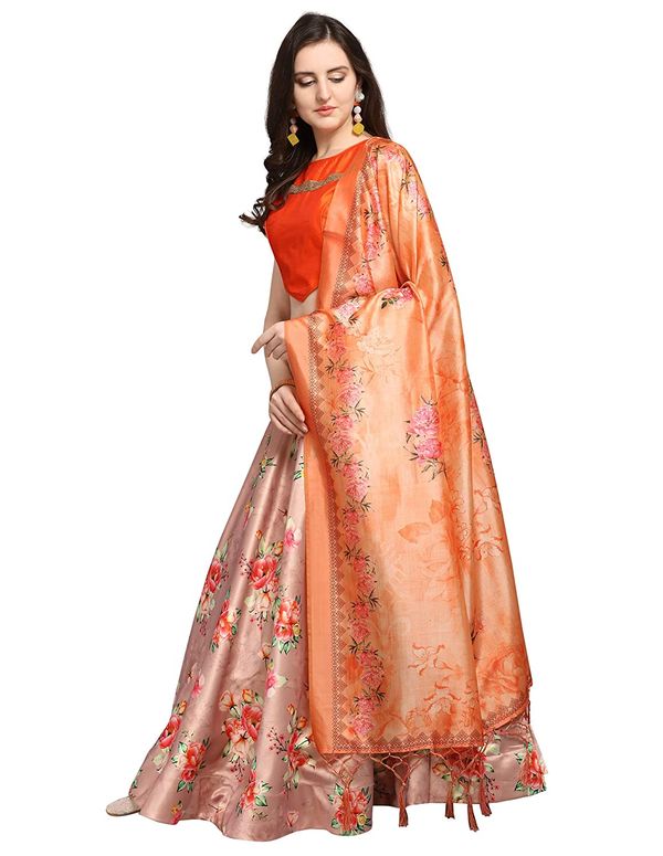 Bandhni Patola Type Digital Print Shiney Satin Croptop Lehenga Choli With Blouse For Women and Girls