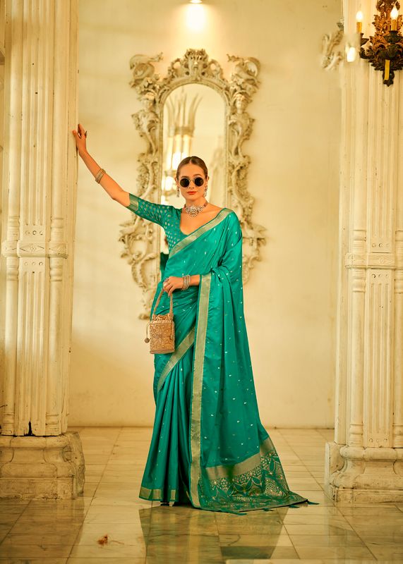 Sea Green Weaving Jari Designer Satin Silk Saree