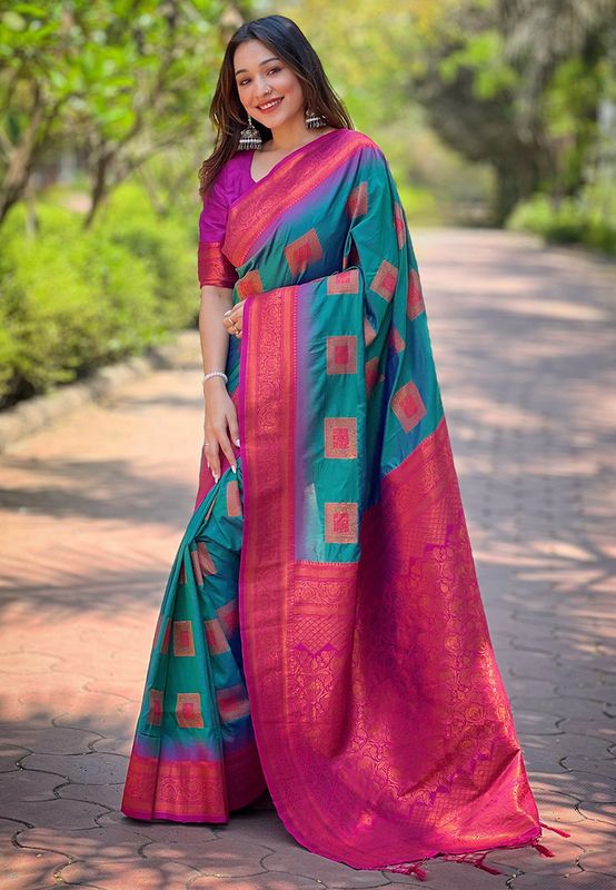 Rama Color Wevon Meenakari Designer Soft Silk Saree For Traditional Rich Looks