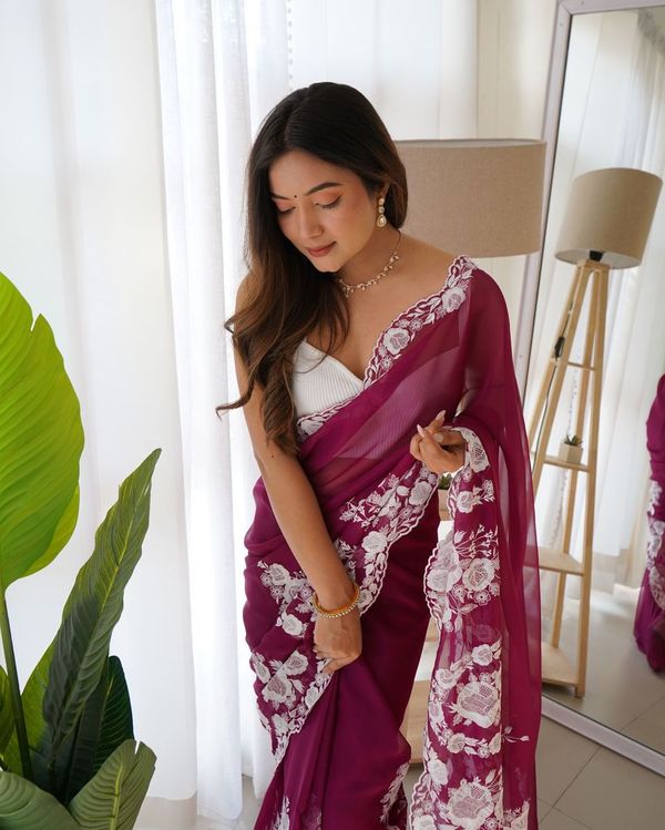 Purple Thread Embroidery & Cut Dana Work Thai Organza Silk Saree