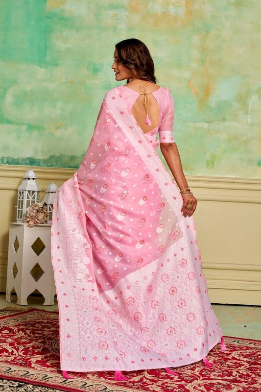 Pink Cotton Woven Saree With Tassels on Pallu and Stitched Pink Blouse