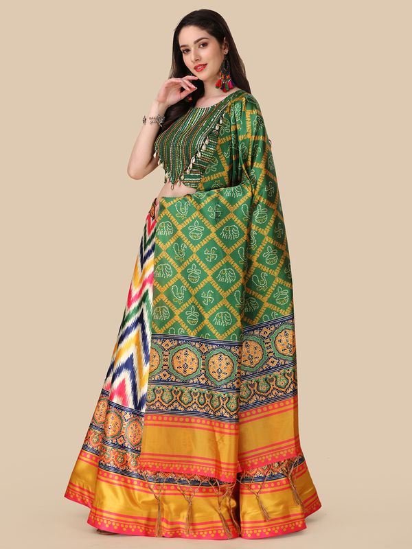 Digital Print Satin Silk Fabric Stitched Lehenga Choli With Jequared Blouse and Assami Silk Thread Work Dupatta For Women and Girls In Festive Party And Traditional Wear