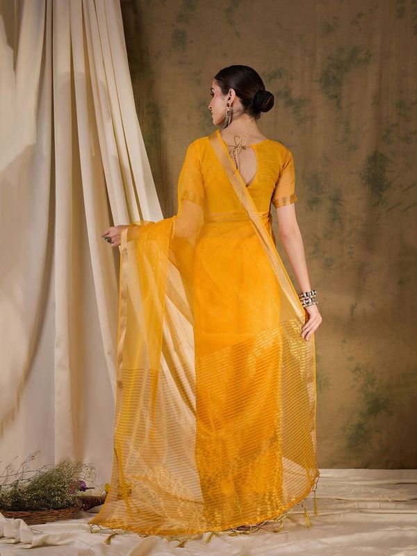 Yellow Wevon Jari Pallu Border Designer & Sequance Lining Work Organza Silk Saree