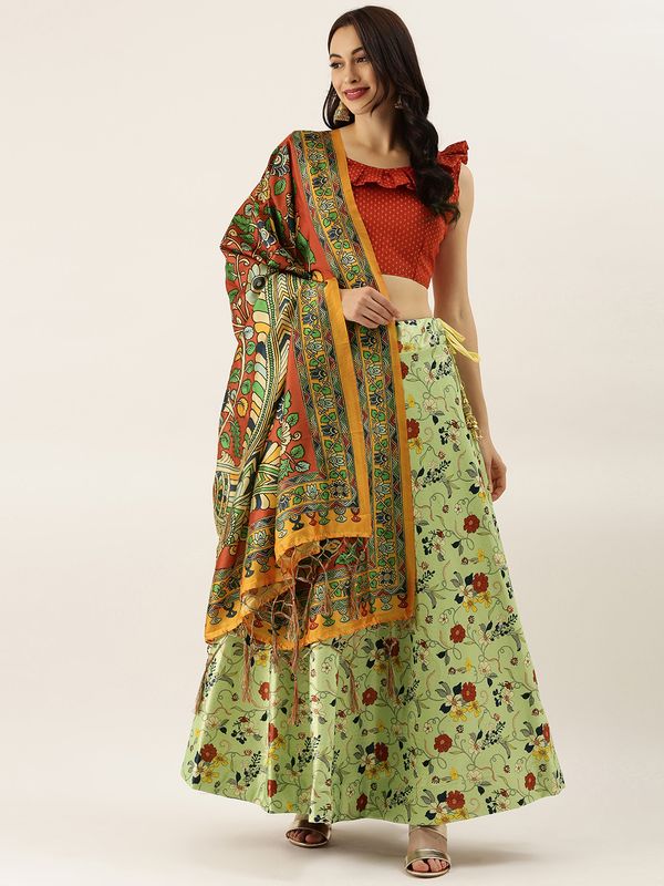 Kalamkari Digital Print Shiney Satin Stitched Lehenga Choli With Unstitched Multi Sequnce Work Blouse and Banarsi Silk Dupatta For Women and Girls