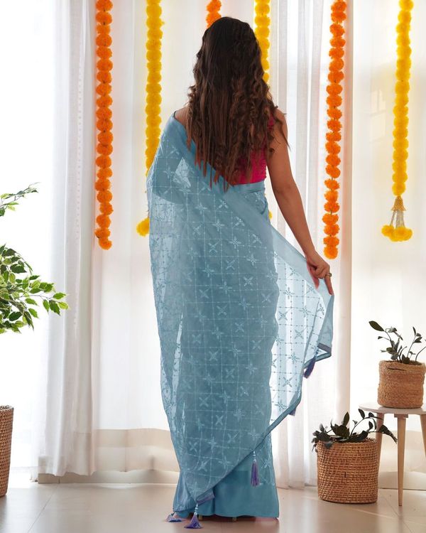 Blue Thread & Sequance Embroidery Work Satin Georgette Saree