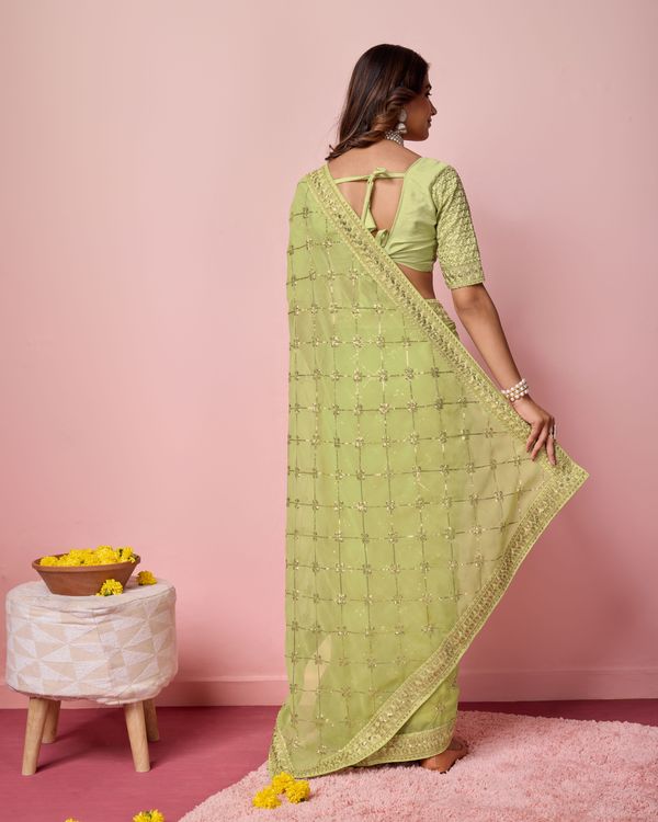 Green Designer Coding & Sequance Embroidery Work Georgette Saree