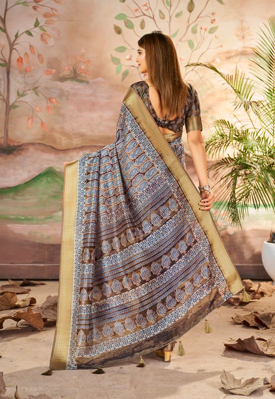 Dull Brown Wevon Border Designer With Printed Dolla Silk Saree