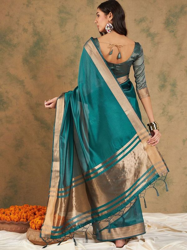 Teal Wevon Jari Designer Cotton Organza Saree