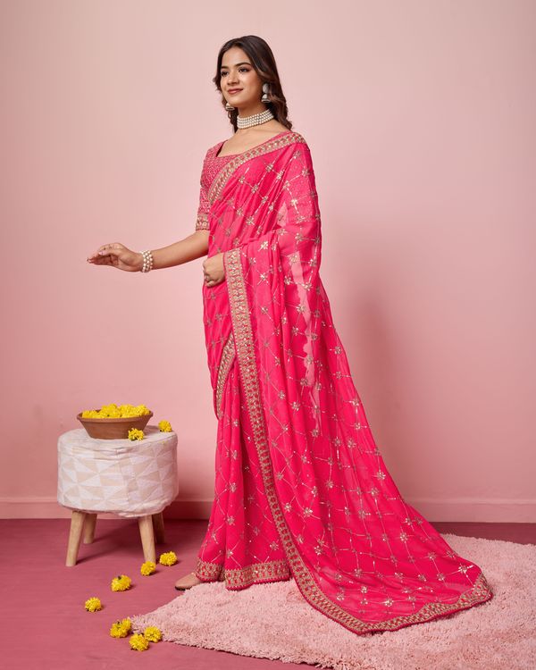 Pink Designer Coding & Sequance Embroidery Work Georgette Saree