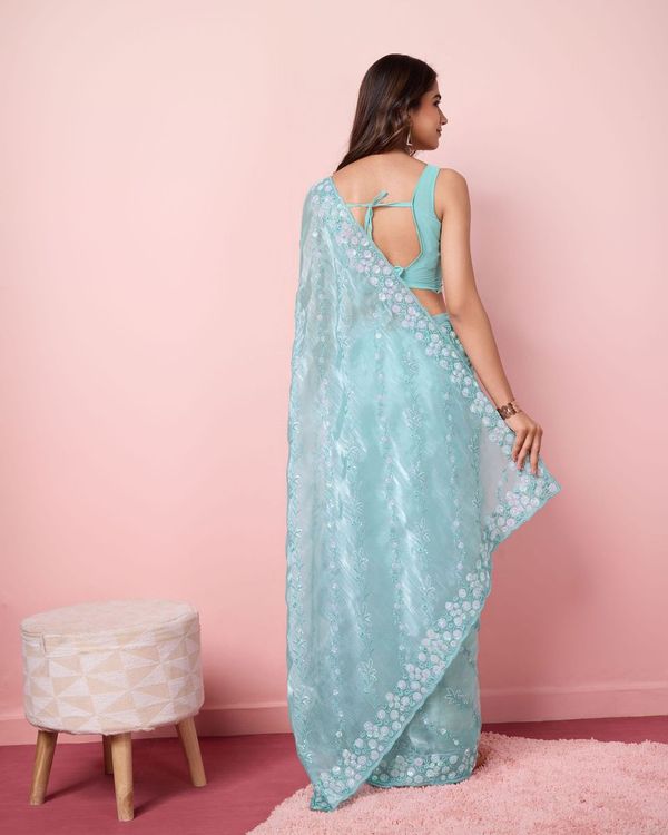 Blue Designer Sequance Embroidery Work Burberry Silk Saree