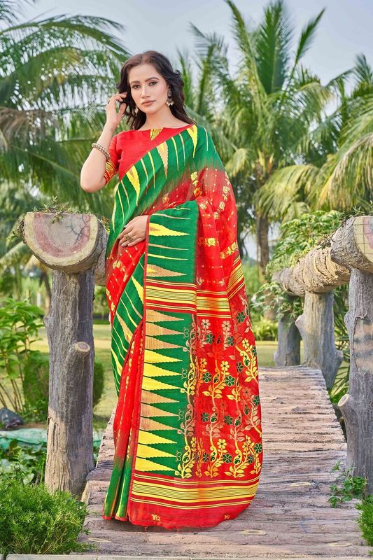 Red Color Silk Cotton Wevon Thread Designer Ethnic Casual Looks Saree