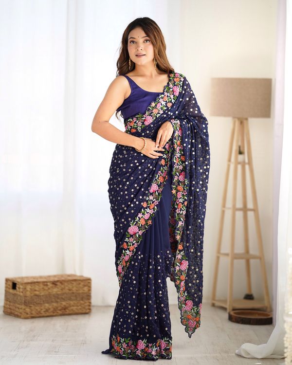 Blue Multy Thread & Sequance Embroidery Work Georgette Saree