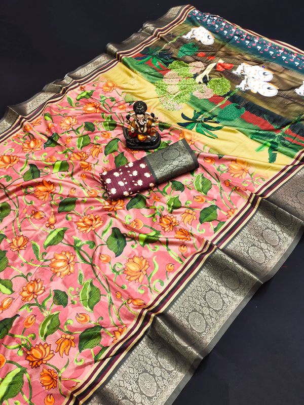 Peach Wevon Border & Kalamkari Digital Printed Dola Silk Saree
