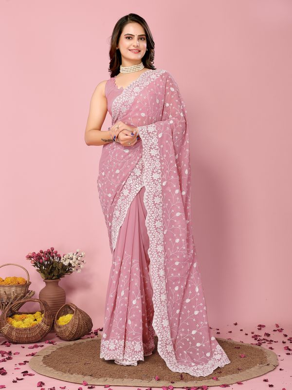 Pink Thread & Sequance Embroidery Work Georgette Saree