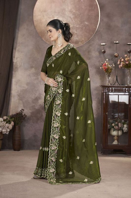 Green Multy Thread & Sequance Embroidery Cut Work Gold Crunchy Saree