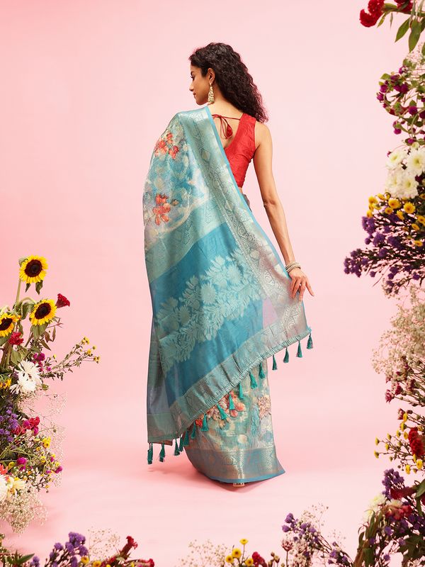 Teal Digital Printed Banarasi Cotton Zari Woven Saree