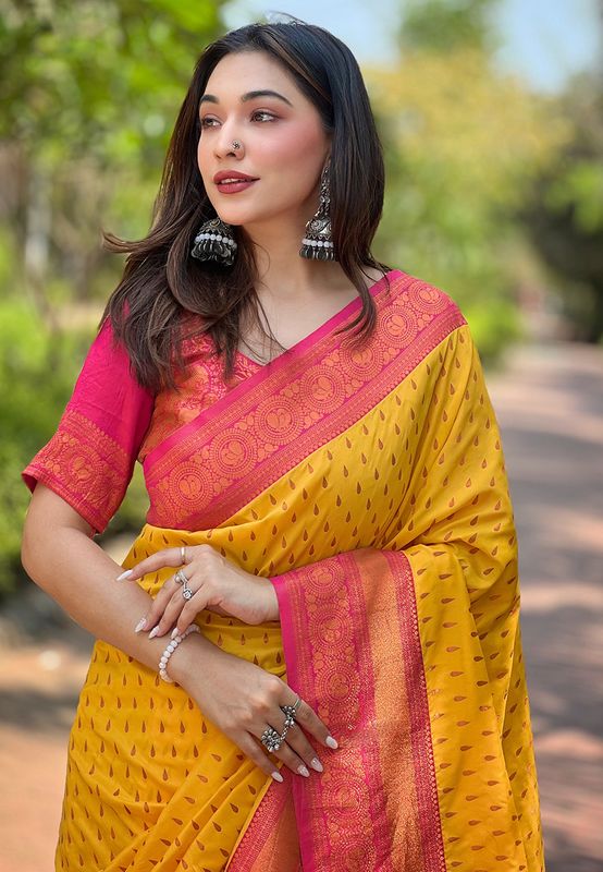 Yellow Color Wevon Copper Butti Designer Soft Silk Ethnic Saree