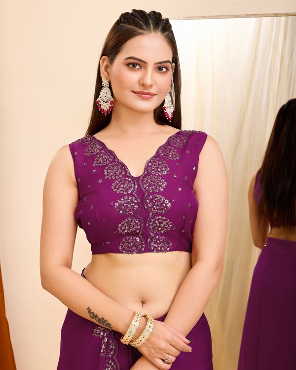 Wine Designer Sequance Embroidery Work Georgette Saree