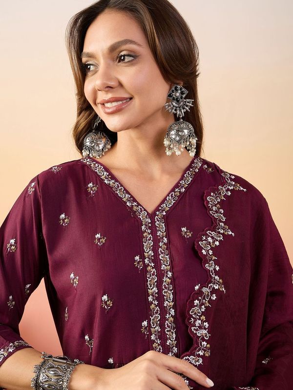 Maroon Color Beautiful Woven Silk Readymade Suit with Festive Thread Embroidery Work