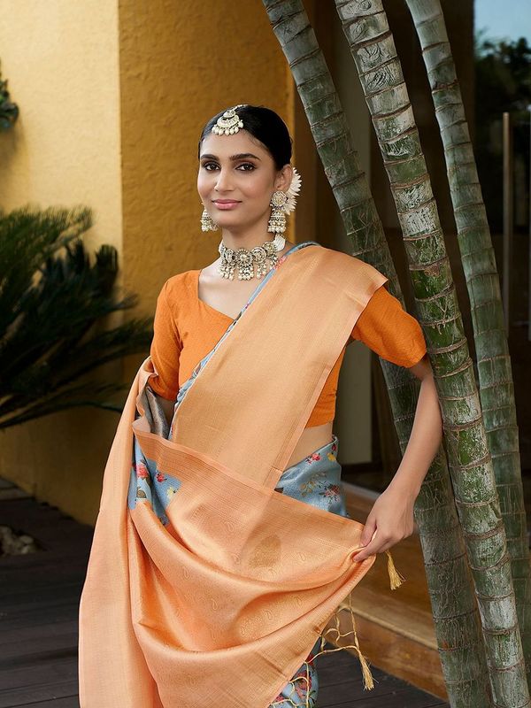 Grey Wevon Patta Designer & Digitl Printed Crepe Saree