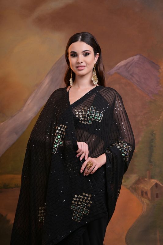 Black Designer Sequance Embroidery Work Georgette Saree