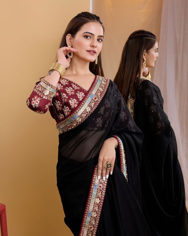 Black Heavy Embroidery Work Lace & Blouse Organza Saree