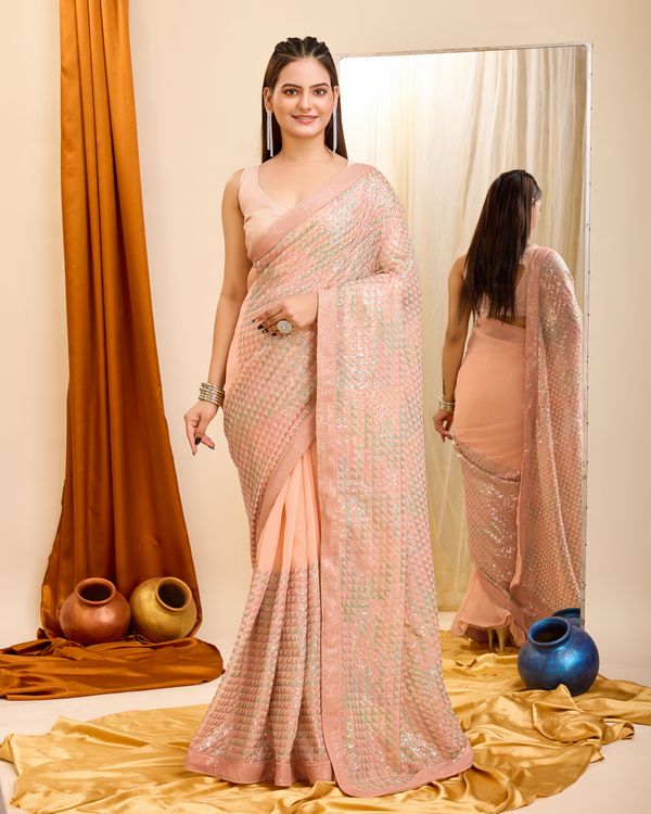 Peach Heavy Sequance Embroidery Work Georgette Saree