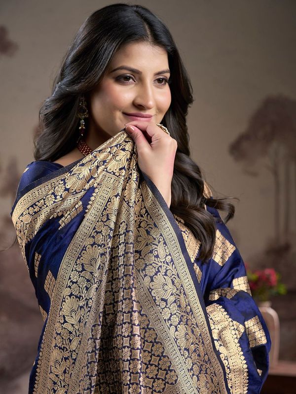 Nevy Blue Wevon Rich Pallu Designer Lichi Silk Saree