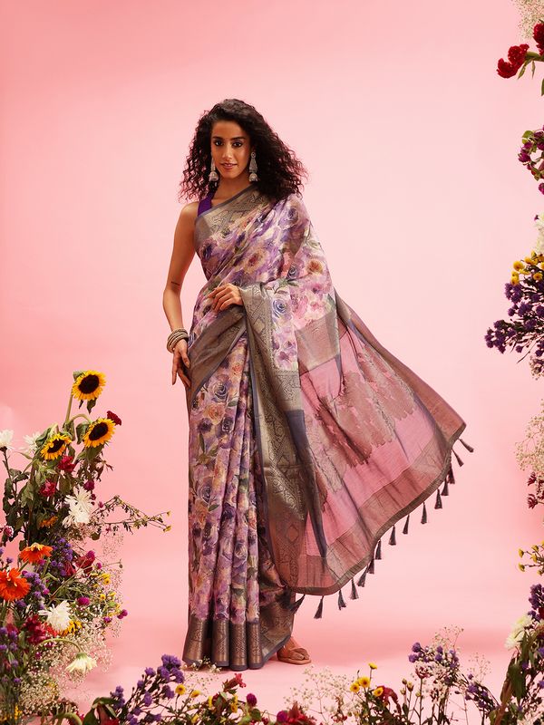 Lavender Digital Printed Banarasi Cotton Zari Woven Saree