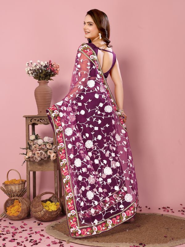 Wine Multy Thread Embroidery Work Soft Net Saree