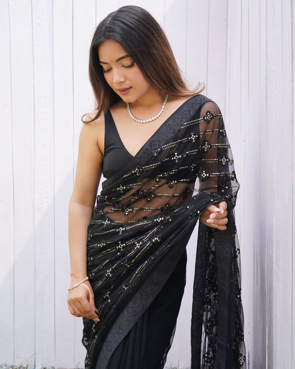 Black Thread & Sequance Embroidery & Diamond Work Butterfly Net Saree