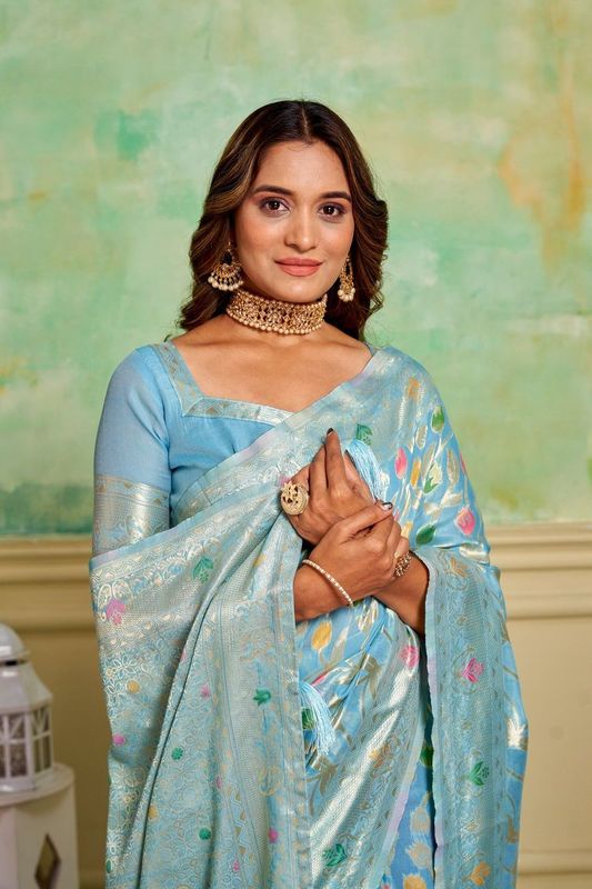 Aqua Cotton Woven Saree With Tassels on Pallu and Stitched Aqua Blouse
