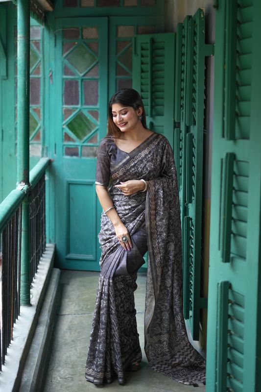 Grey Batik Printed & Embroidery Work Tussar Silk Saree