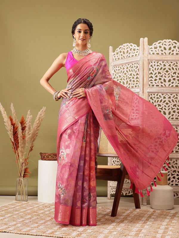 Pink Digital Printed Banarasi Cotton Zari Woven Saree