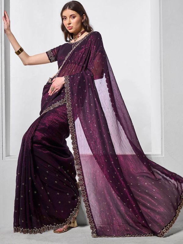 Wine Designer Embroidery Work Crunchy Chiffon Saree