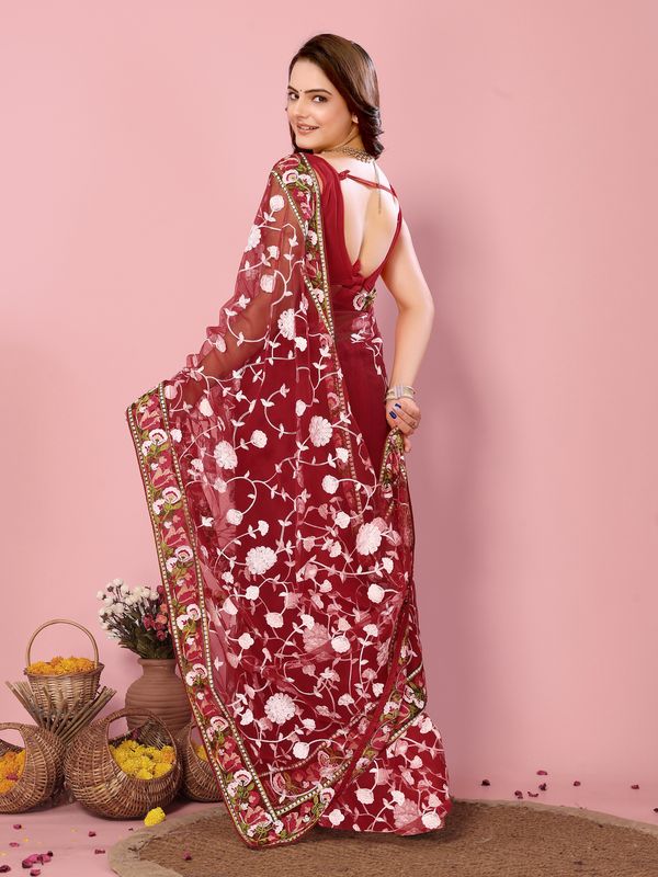 Maroon Multy Thread Embroidery Work Soft Net Saree