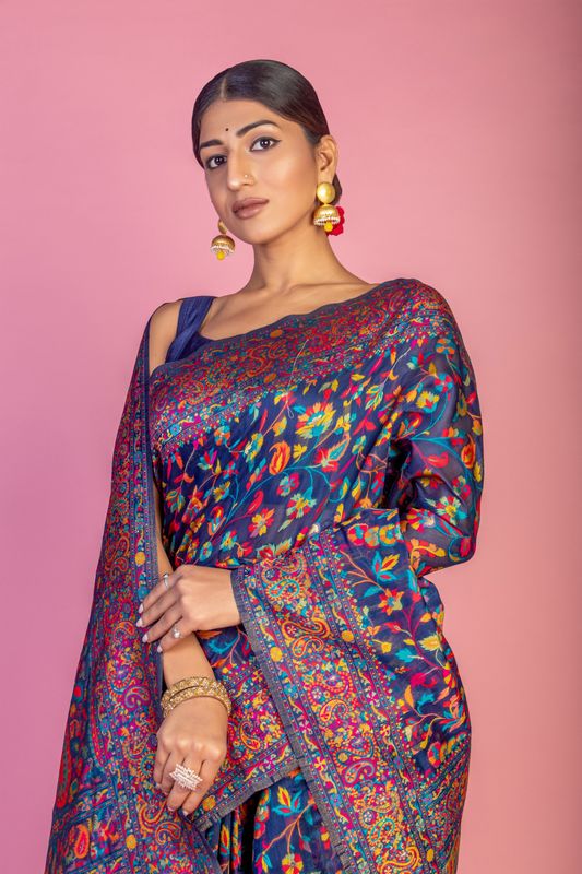 Blue Handloom Wevon Designer Kashmiri Pashmina Saree