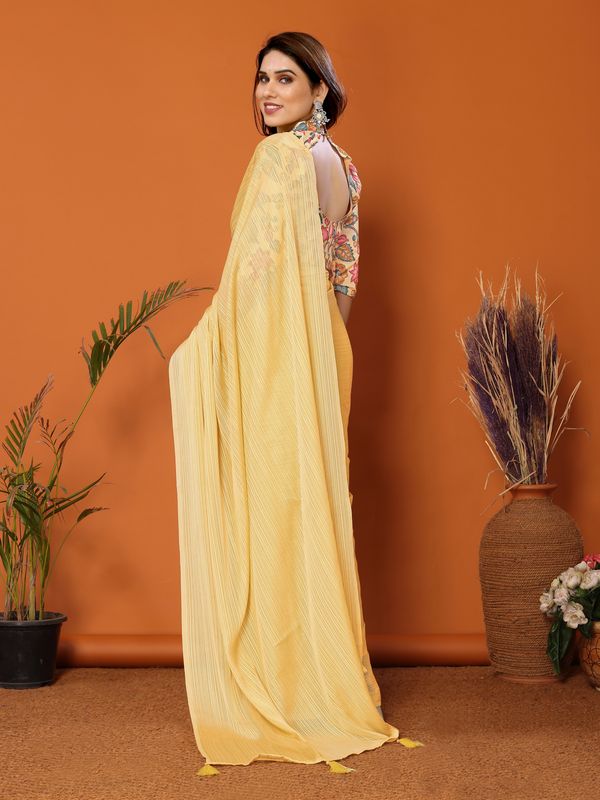 Yellow Solid & Digital Printed Blouse Polyester Zari Saree