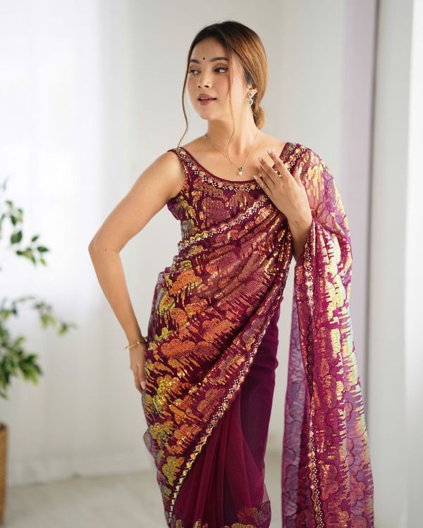 Wine Heavy Sequance Embroidery Work Mono Net Saree