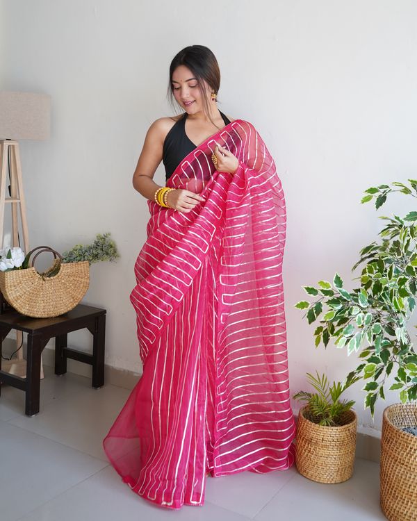 Pink Silver Gota Embroidery Work Organza Saree