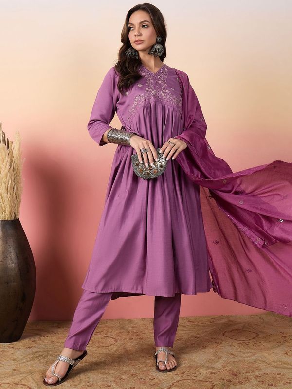 Purple Color Beautiful Woven Silk Readymade Suit with Festive Thread Embroidery Work