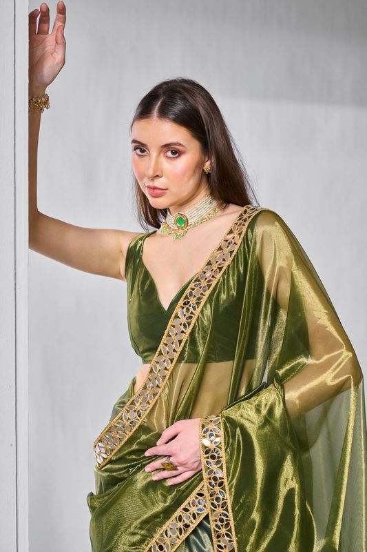 Green Solid & Gold Cotted Gold Tissue Net Saree